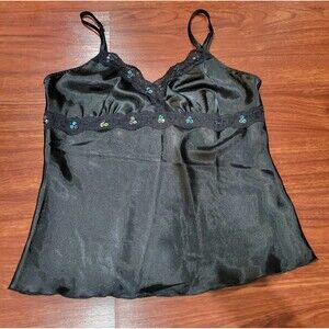 Black Satin Lace Trim Babydoll Cami Tank Juniors M Y2K Beaded Sequin